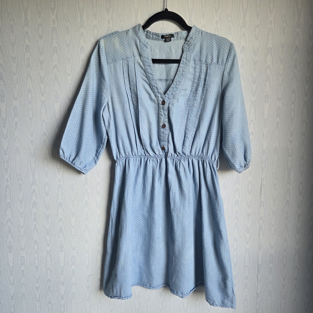 Rhapsody Chambray Polka Dot Balloon Sleeve Elastic Waist‎ Button-Up Dress XL